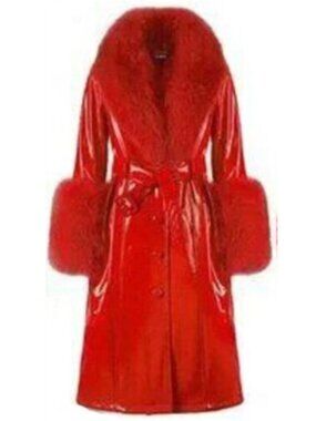 💥SHOWSTOPPER💥Leather Coat with Oversized Fur Collar in Shiny Scarlet Red